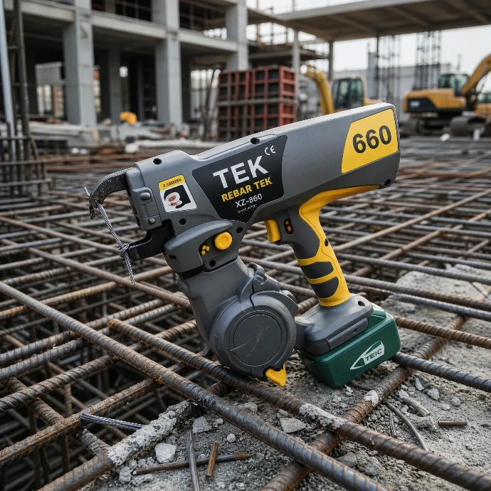 Pistolet à ligaturer les barres d’armature TEK XZ-866, vue de trois quarts sur un chantier